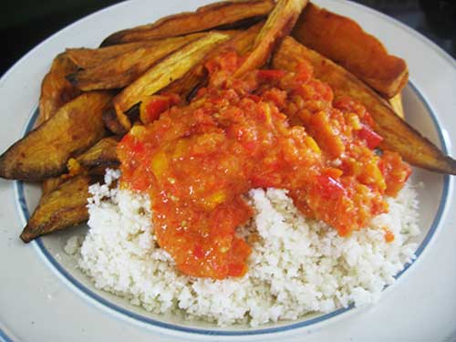 cauliflower rice, hot sauce and roast sweet potatoes
